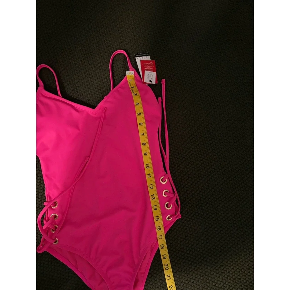 Sofia Vergara Swimsuit Women Pink Lace Up Side One Piece Neon Gold Grommet S 4-6